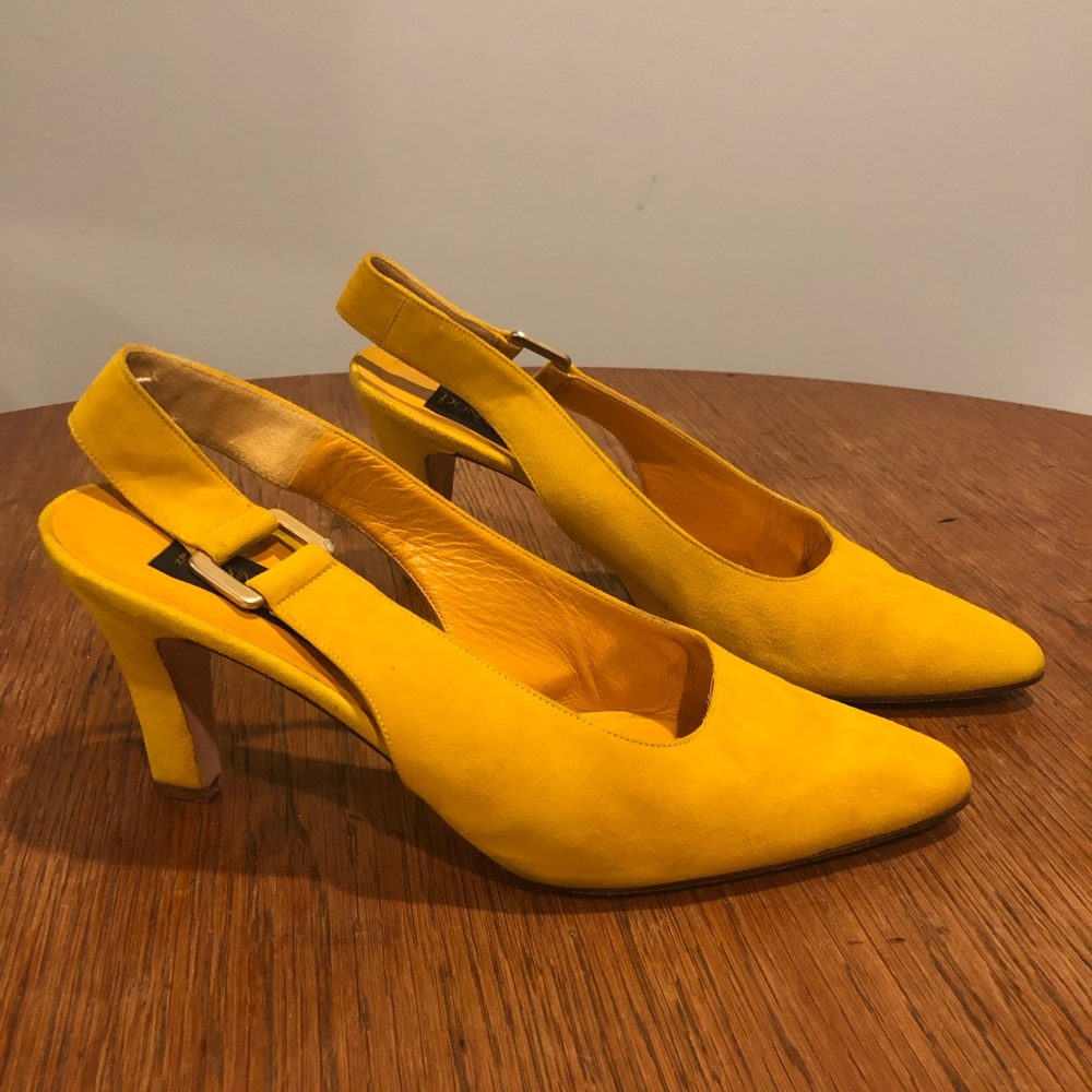 Donna Karan yellow suede sling back pumps